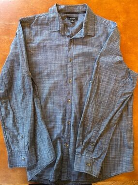 Alfani Gray Blue Textured Plaid Button-Down Shirt